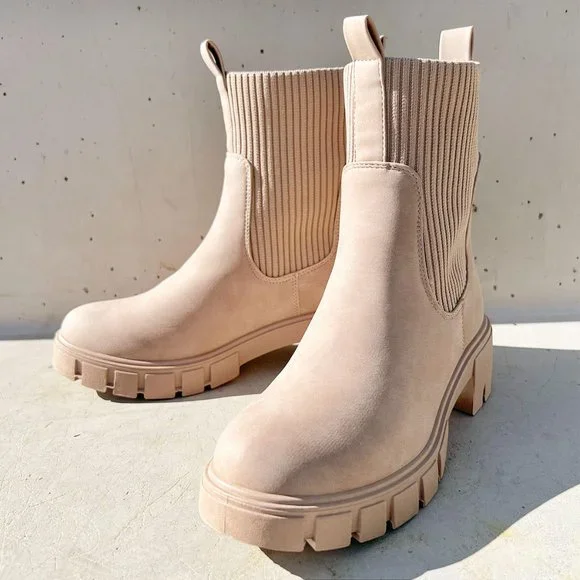 NEW Taupe Beige Chunky Lug Sole Platform Elastic Sock Ankle Chelsea Bootie Boots - Picture 7 of 11